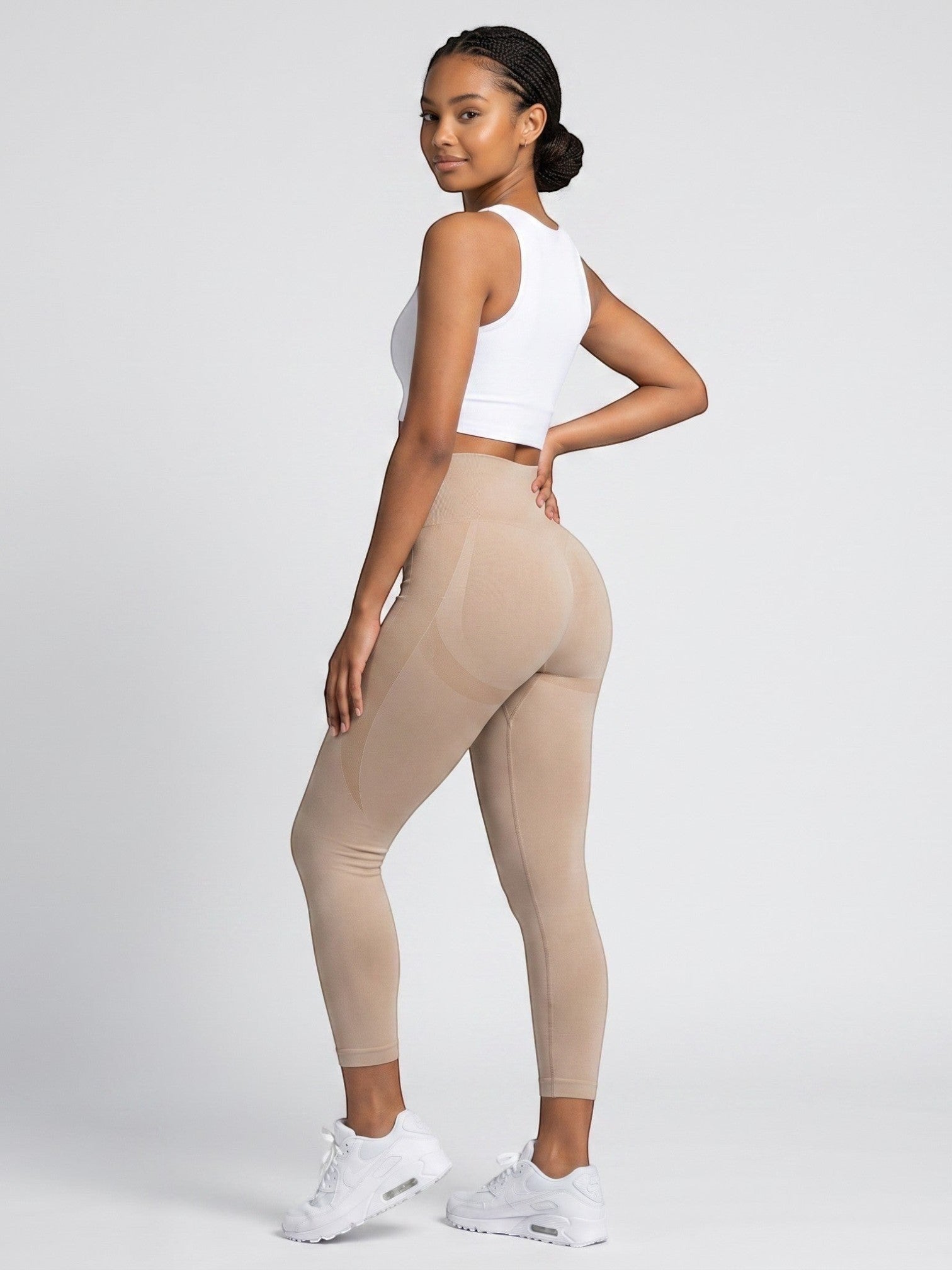 bys-store-3136505-215991 ContourFlex high-waist seamless leggings in beige on a model wearing a white crop top