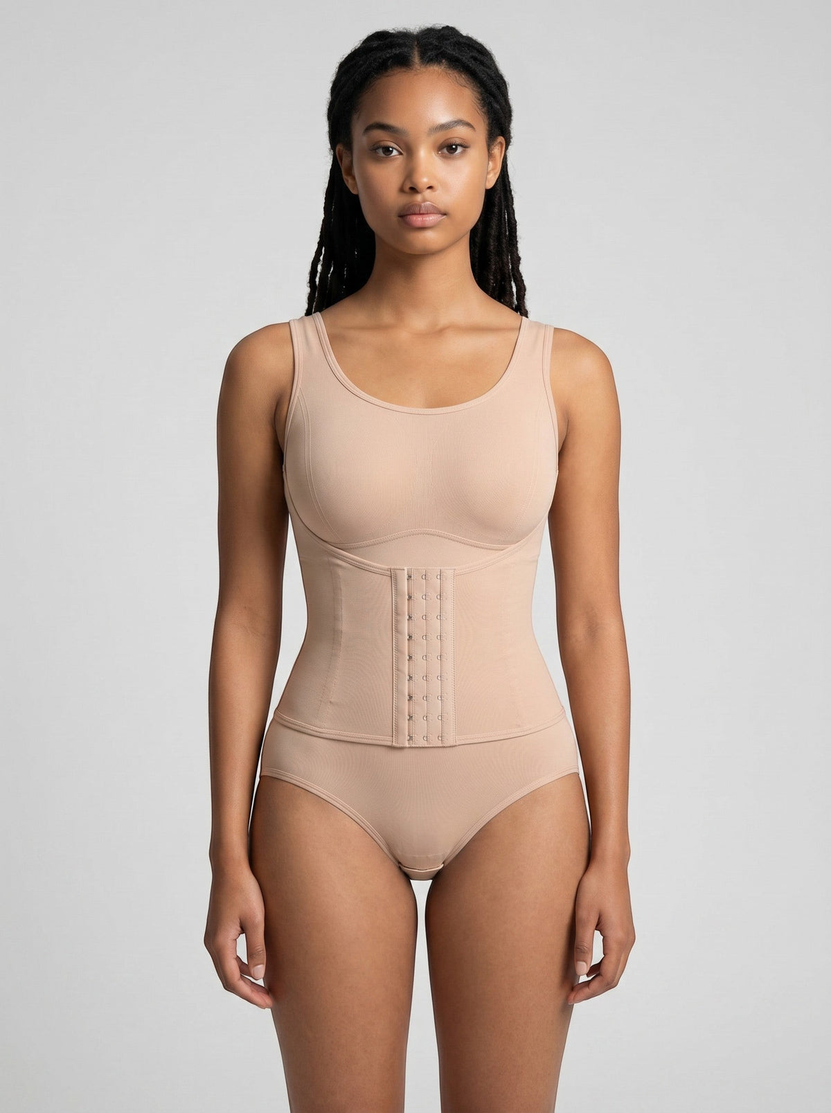 Model wearing a beige bys-store-3136505-215991 ZipForm bodysuit with built-in waist trainer and tummy control.