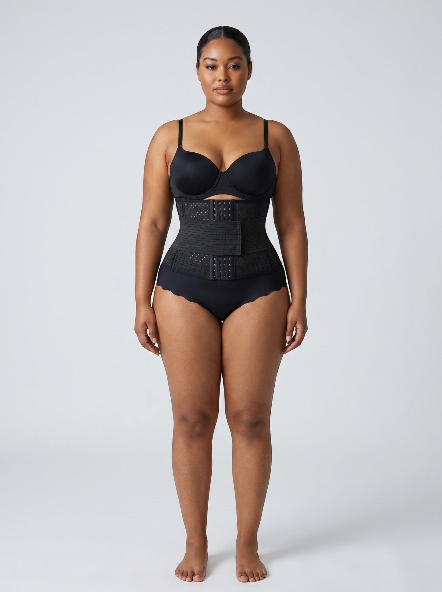 bys-store-3136505-215991 DualCore black neoprene waist trainer with double belt system and zipper on a model