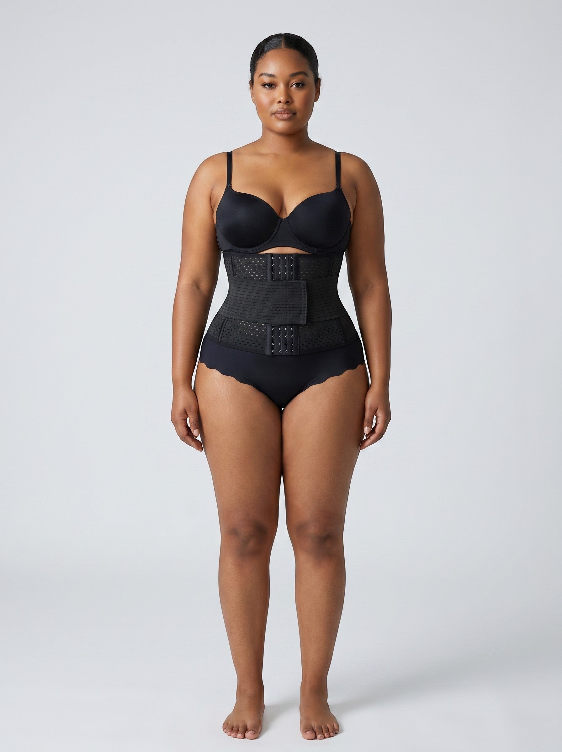 bys-store-3136505-215991 DualCore black neoprene waist trainer with double belt system and zipper on a model