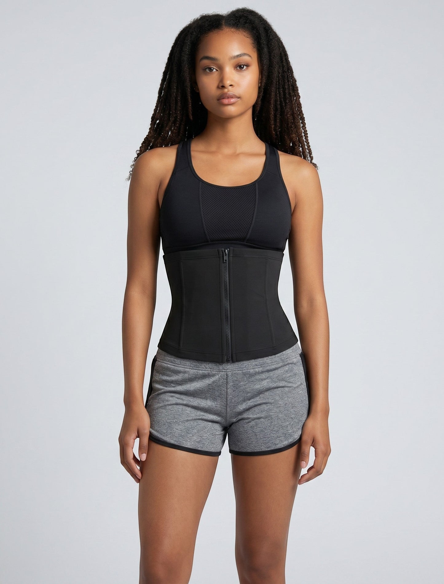 bys-store-3136505-215991 CoreBelt sauna trainer waist trimmer in black worn by a woman for workout support