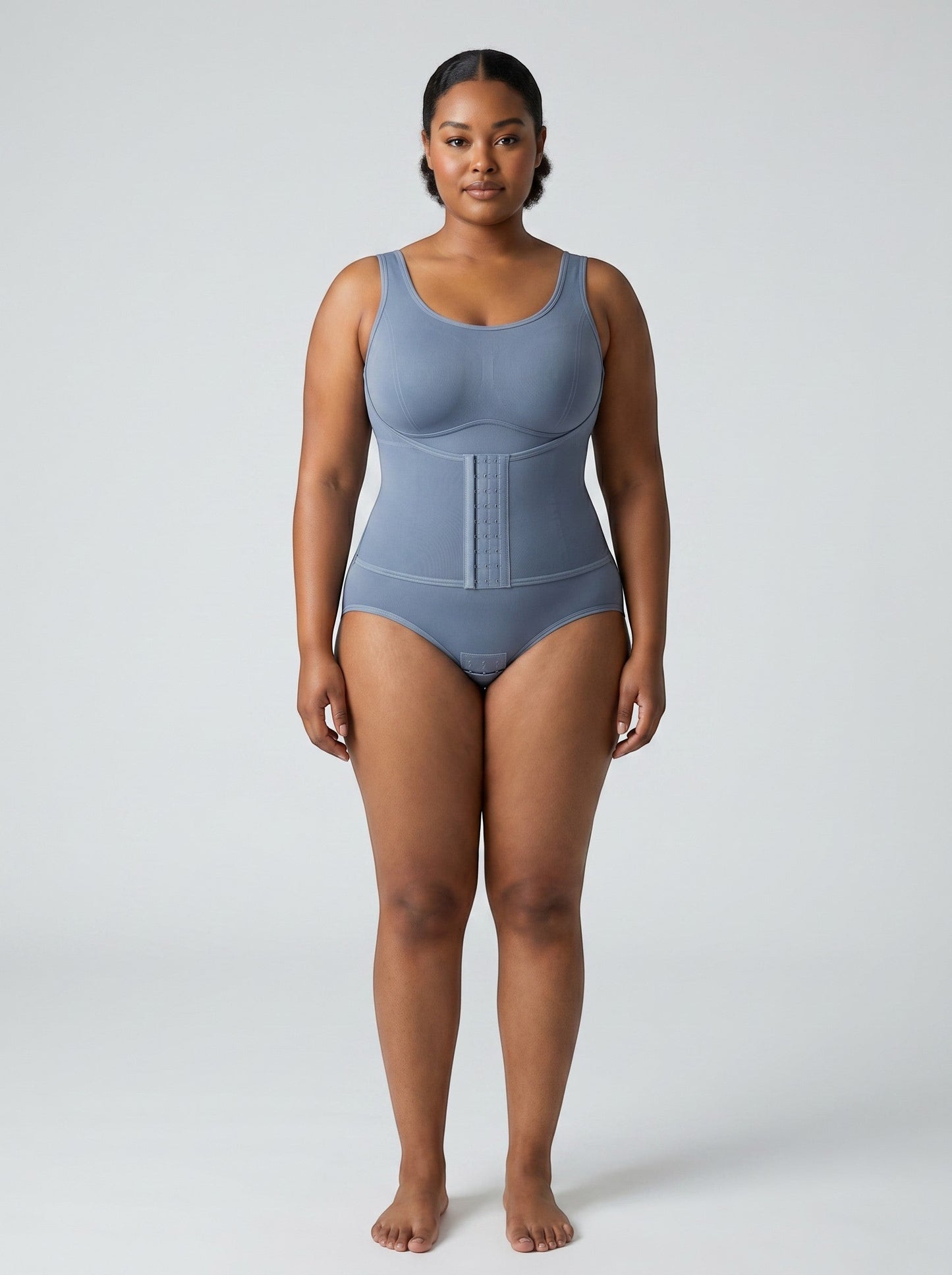 Model wearing a blue ZipForm Bodysuit by bys-store-3136505-215991 featuring a zipper waist trainer and tummy control.