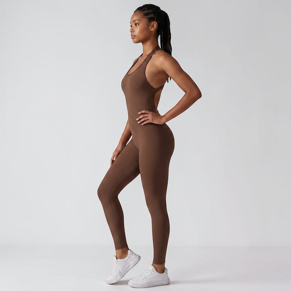 Model wearing a brown SculptFit Bodysuit by bys-store-3136505-215991, featuring an open-back design for gym workouts.