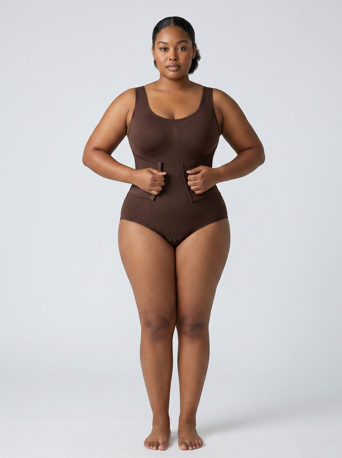 Model wearing a brown bys-store-3136505-215991 ZipForm bodysuit with a front zipper waist trainer for tummy control.