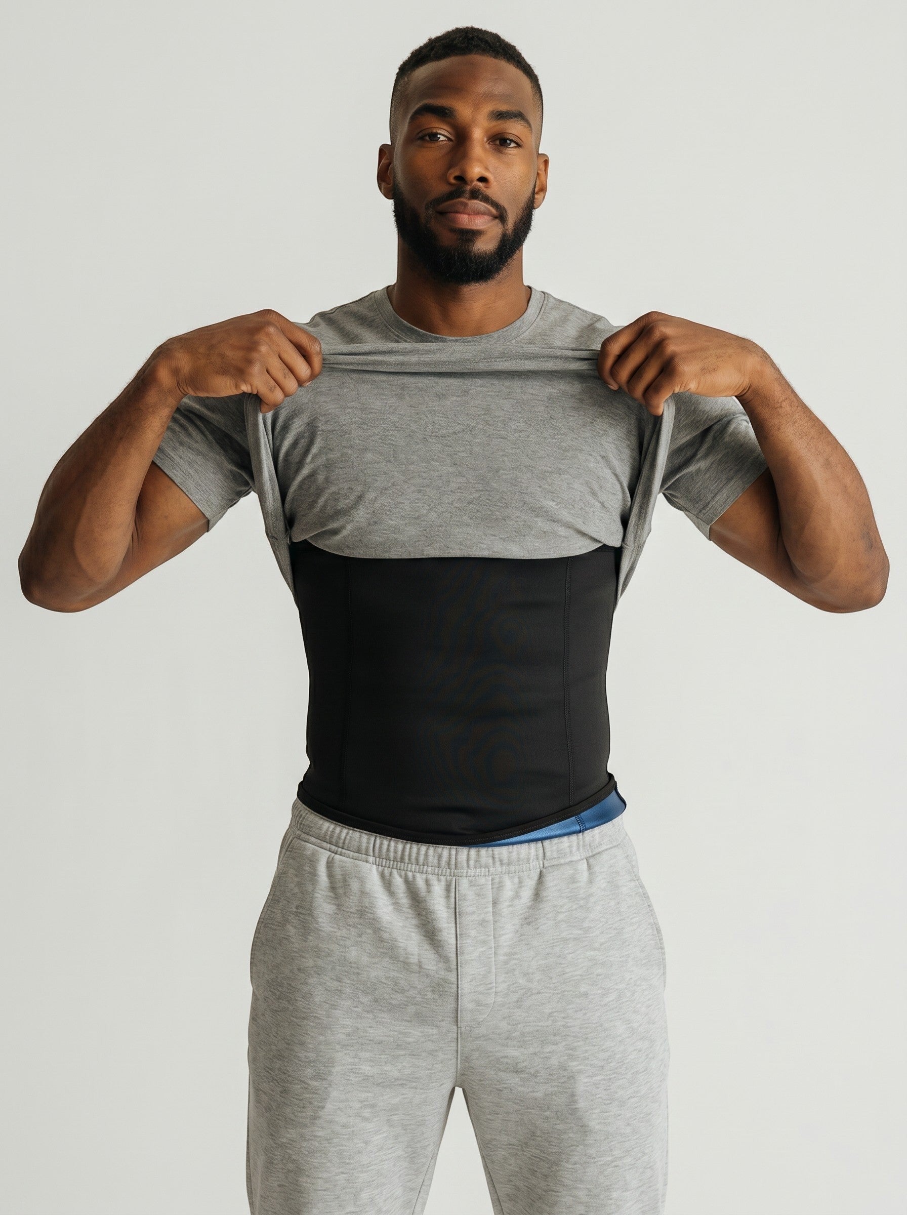 bys-store-3136505-215991 BurnCore black sauna waist trimmer belt worn by a man under a grey t-shirt for core support.