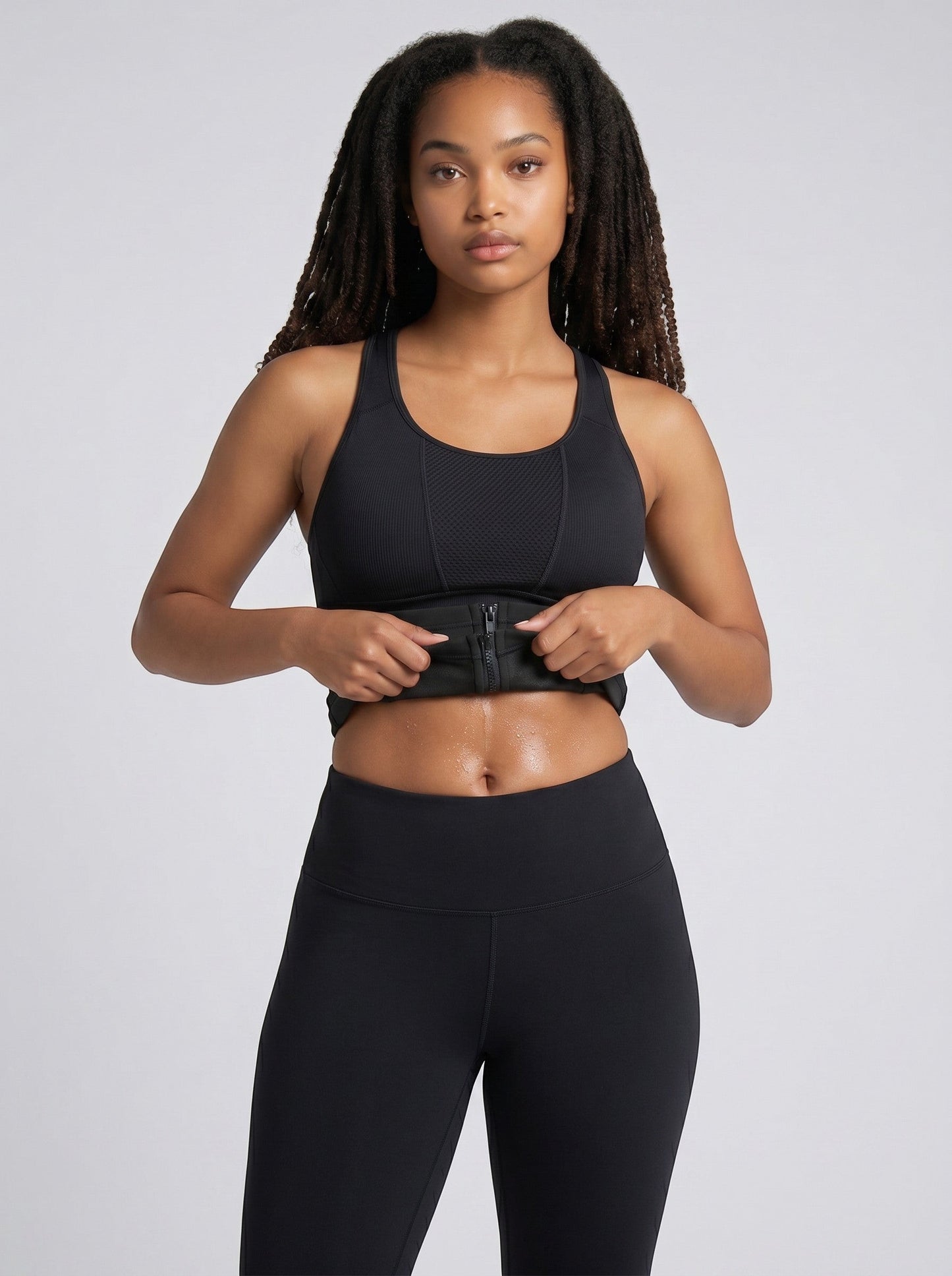bys-store-3136505-215991 CoreBelt sauna trainer waist trimmer on a woman wearing a black sports bra and leggings