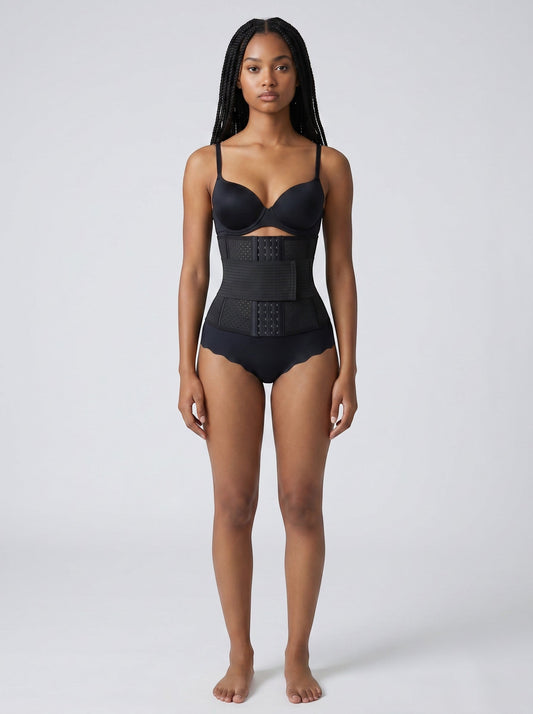 Model wearing a black bys-store-3136505-215991 DualCore neoprene waist trainer with double belt and zipper closure.