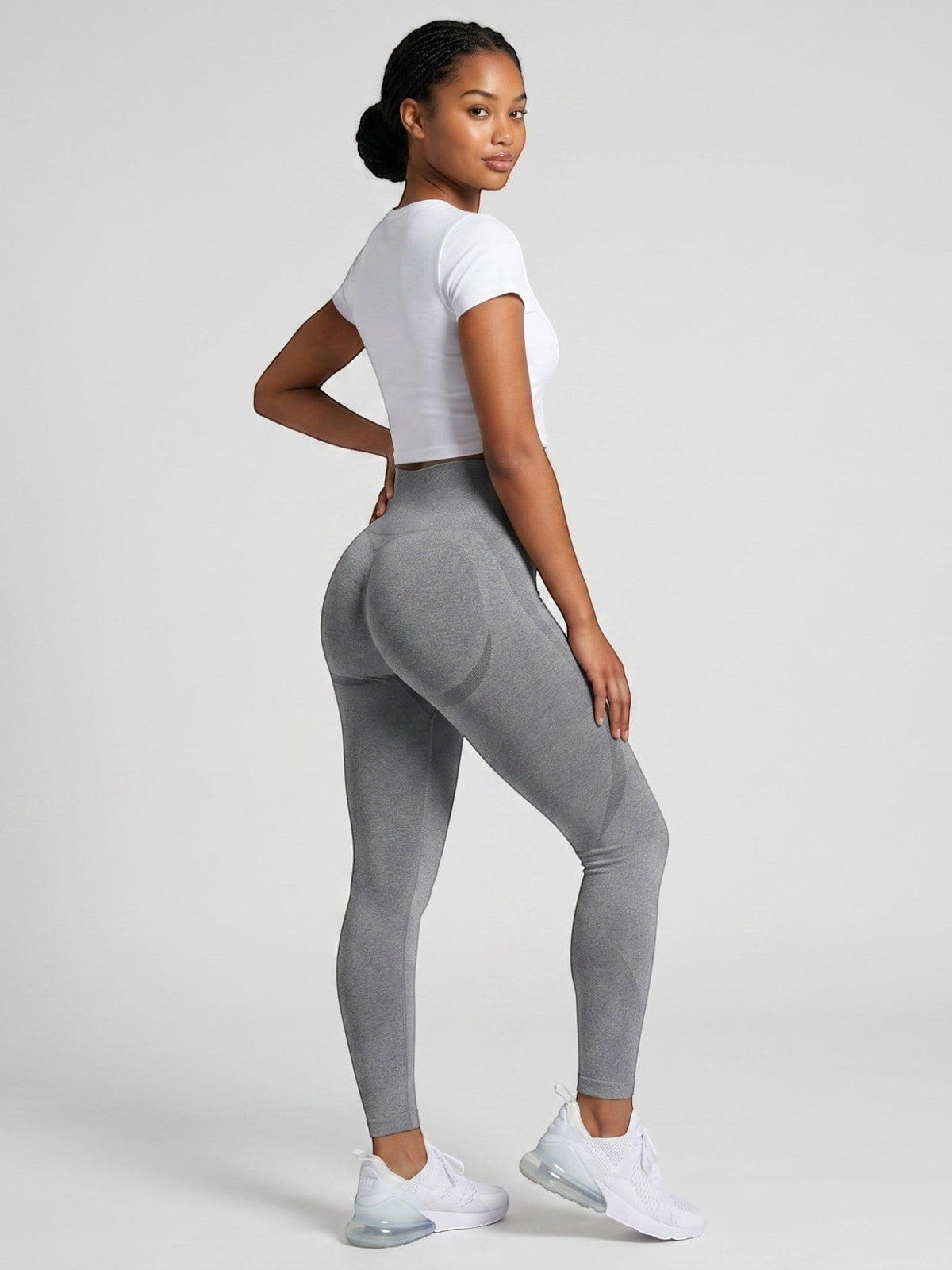 bys-store-3136505-215991 model wearing grey seamless high-waist contour leggings with white crop top for gym workout