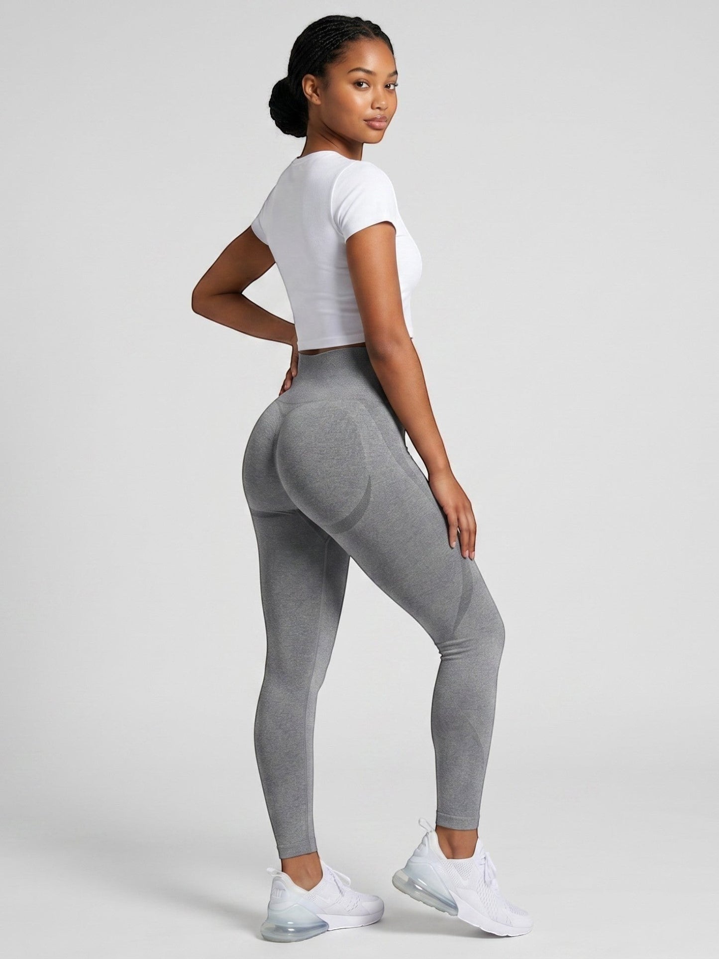 bys-store-3136505-215991 model wearing grey seamless high-waist contour leggings with white crop top for gym workout