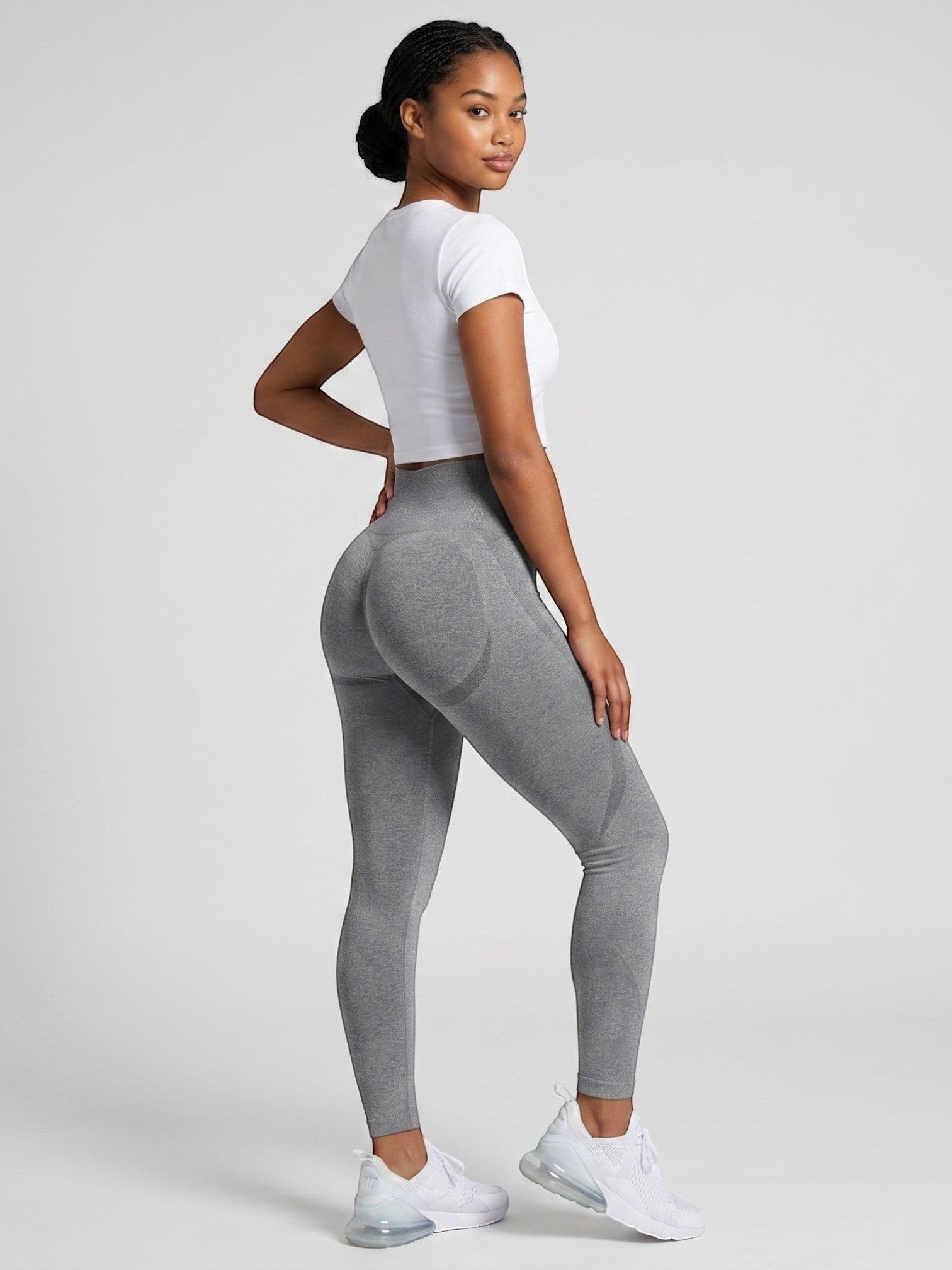 bys-store-3136505-215991 model wearing grey seamless high-waist contour leggings with white crop top for gym workout