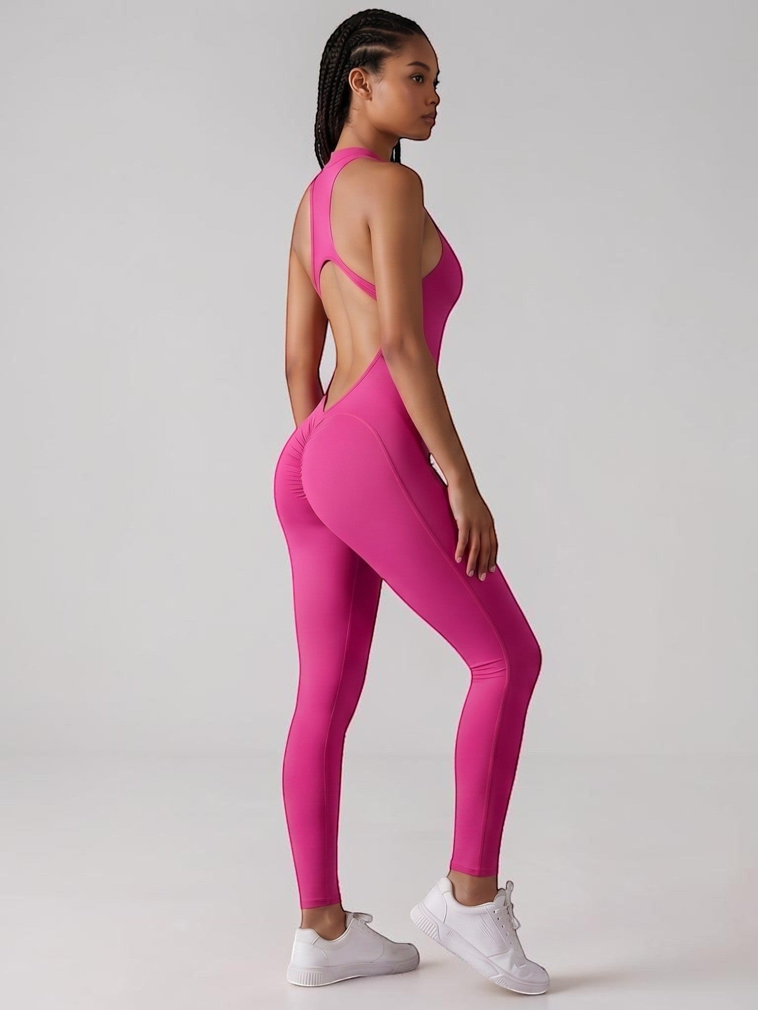 bys-store-3136505-215991 SculptFit hot pink open-back bodysuit with butt lifting design for gym and yoga