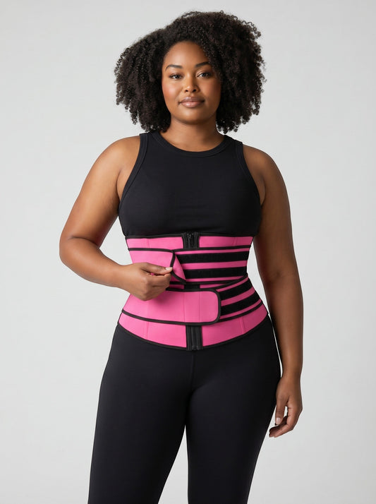 bys-store-3136505-215991 FlareBelt waist trainer in bright pink with black trim worn by a woman over black workout gear