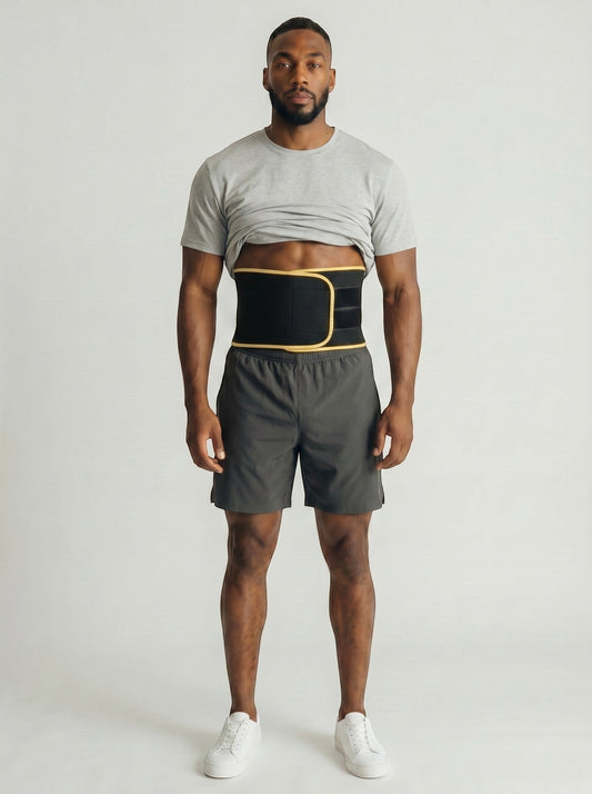 bys-store-3136505-215991 ThermoCore waist trimmer belt in black with yellow trim worn by a man in workout gear